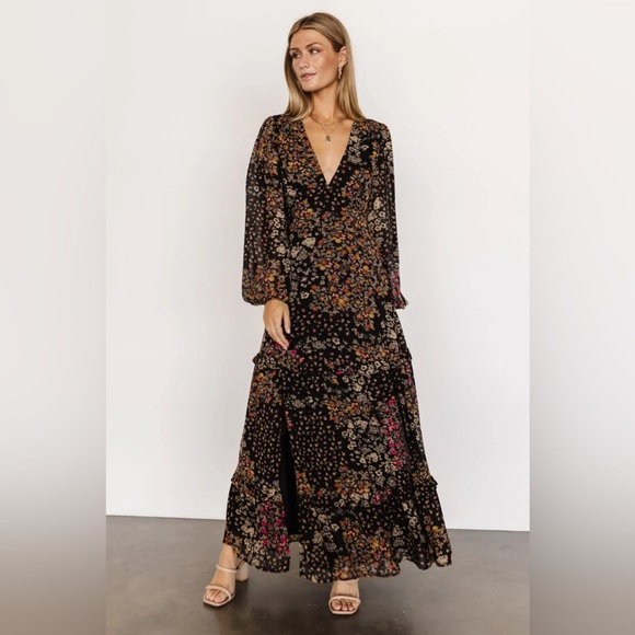 Baltic Born Dresses & Skirts - Baltic Born Black and Floral Bowman Deep V Maxi Dress Long Sleeve Size Medium